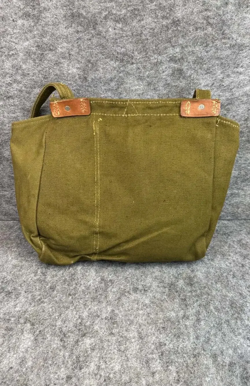 Vintage Romanian Military Canvas Bread Bag with Leather Straps